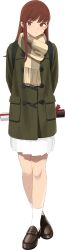 1girl box brown_eyes brown_hair coat full_body gift gift_box green_coat kantai_collection long_hair looking_at_viewer multicolored_scarf official_art ooi_(kancolle) ooi_(valentine)_(kancolle) pleated_skirt scarf shibafu_(glock23) skirt socks transparent_background valentine white_skirt white_socks yellow_scarf