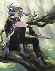 Rule 34 | 1boy, arm ribbon, black gloves, black jacket, black pants, blue ribbon, boots, brown eyes, cropped jacket, dagger, earrings, final fantasy, final fantasy vi, forest, full body, gloves, grey boots, grey hair, headscarf, holding, holding dagger, holding knife, holding weapon, in tree, jacket, jewelry, knife, locke cole, male focus, minagawa fumio, nature, official art, outdoors, pants, parted bangs, parted lips, print shirt, ribbon, shirt, short hair, sitting, sleeves rolled up, smile, solo, square enix, tree, weapon