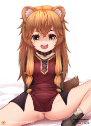 1girl :d animal_ears ass batazungharn breasts brown_eyes brown_hair collar dated dress fangs female_focus half-closed_eyes highres looking_at_viewer no_panties open_mouth patreon_username raccoon_ears raccoon_girl raccoon_tail raphtalia short_dress sidelocks small_breasts smile solo spread_legs tail tate_no_yuusha_no_nariagari