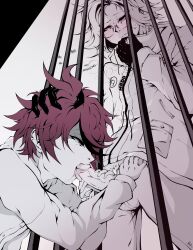2boys aotsuki_eito black_background black_gloves black_hair blue_eyes blush closed_mouth english_text fellatio gloves hand_on_another&#039;s_head hand_up highres limited_palette long_sleeves looking_at_another looking_down male_focus messy_hair multiple_boys open_mouth oral penis pubic_hair red_eyes red_hair simple_background sumino_takumi the_hundred_line_-last_defense_academy- white_background yaoi