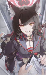1boy 1girl absurdres animal_ear_fluff animal_ears black_nails black_sailor_collar black_shirt blue_archive breasts cleavage clipboard extra_ears eyeshadow fangs fingernails floral_print_sleeves fox_ears fox_girl fox_tail grin guan_byeol hair_intakes hair_ornament halo highres holding holding_clipboard large_breasts long_hair looking_at_viewer makeup nail_polish pov pov_hands red_eyeshadow red_halo red_ribbon ribbon sailor_collar shirt smile tail tail_ornament wakamo_(blue_archive) weapon weapon_on_back wide_sleeves yellow_eyes
