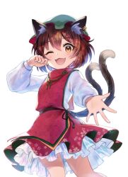 Rule 34 | 1girl, ;d, animal ear fluff, animal ear piercing, animal ears, blush, breasts, brown eyes, brown hair, cat ears, cat tail, chen, dress, fangs, feet out of frame, foreshortening, frills, hair between eyes, hand up, hat, highres, long sleeves, looking at viewer, mob cap, multiple tails, nekomata, one eye closed, open mouth, paw pose, petticoat, puffy long sleeves, puffy sleeves, reaching, reaching towards viewer, red dress, simple background, small breasts, smile, solo, tail, tanaka fumiko, touhou, two tails, white background