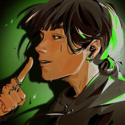 1girl androgynous backlighting black_hair black_hoodie black_nails brown_eyes commentary ear_piercing earbuds earphones earrings green_background hair_bun hand_up highres hood hoodie hoop_earrings index_finger_raised jewelry kininatteru_hito_ga_otoko_ja_nakatta koga_mitsuki multiple_rings parted_lips piercing portrait proxcinity ring shadow short_hair single_hair_bun smile solo tomboy wireless_earphones