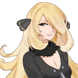 Rule 34 | 1girl, black shirt, blysill, breasts, cleavage, cynthia (pokemon), fur collar, grey eyes, hair ornament, hair over one eye, highres, large breasts, long hair, long sleeves, looking at viewer, medium breasts, nintendo, parted lips, pokemon, pokemon dppt, shirt, simple background, solo, upper body, very long hair, white background