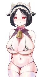 1girl animal_collar animal_ears animal_print areola_slip arms_behind_back bare_shoulders bell bikini black_bikini black_hair blunt_ends blunt_sidelocks borrowed_character breasts cleavage closed_mouth collar commentary cow_ears cow_girl cow_horns cow_print cow_print_bikini cowbell cowboy_shot dot_nose english_commentary eyebrows_hidden_by_hair facing_viewer gift_art go!_go!_gris! half-closed_eyes heart heart_in_eye highres horns large_breasts legs_together light_blush long_eyelashes looking_ahead maid_headdress micro_bikini muffin_top multicolored_bikini muuko_(go!_go!_gris!) narrowed_eyes navel neck_bell original pankeikyyy parted_bangs pink_collar print_bikini raised_eyebrows raised_inner_eyebrows red_eyes short_hair shrug_(clothing) sideboob sidelocks simple_background skindentation sleeveless smile solo swimsuit symbol_in_eye thick_eyelashes thick_thighs thighhighs thighs twitter_username two-tone_bikini underboob white_background white_bikini white_hair white_thighhighs wide_hips