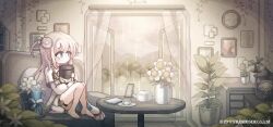 1girl animated barefoot blinking blue_eyes clock counter:side cup flower holding holding_stuffed_toy hwaryeok indoors long_hair pixel_art plant potted_plant rain sitting solovey_(counter:side) stuffed_animal stuffed_toy tagme teacup teapot teddy_bear video white_hair window