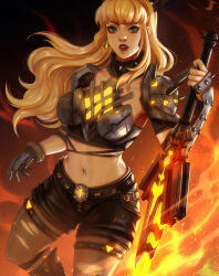 1girl armor black_gloves blonde_hair blue_eyes breasts cleavage cleavage_cutout clothing_cutout commentary crop_top english_commentary fire gloves highres holding holding_sword holding_weapon huge_weapon inksilvery long_hair looking_at_viewer magik_(x-men) marvel marvel_rivals midriff navel short_shorts shorts solo sword weapon x-men
