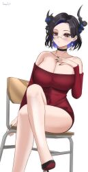 1girl asymmetrical_horns bare_shoulders black_hair black_nails blue_hair breasts chair cleavage collarbone colored_inner_hair cowboy_shot crystal_horns demon_horns dress flower hand_on_own_chest high_heels highres hololive hololive_english horn_flower horns large_breasts looking_at_viewer mole mole_under_eye multicolored_hair nerissa_ravencroft nerissa_ravencroft_(casual) official_alternate_hair_length official_alternate_hairstyle on_chair red_dress red_eyes red_sweater school_chair senpaisif solo sweater sweater_dress two-tone_hair uneven_horns virtual_youtuber