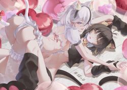 2girls alternate_costume animal_costume animal_ear_fluff animal_ears antenna_hair arms_up ass back bell black_eyes black_hair black_shirt black_sleeves breasts camellya_(wuthering_waves) cat_costume cat_ears cat_tail chigusa7h colored_inner_hair commentary_request detached_sleeves female_rover_(wuthering_waves) girl_on_top hair_ribbon highres holding_another&#039;s_wrist indoors looking_at_viewer lying median_furrow multicolored_hair multiple_girls navel neck_bell on_back on_ground panties parted_lips ribbon rover_(wuthering_waves) shirt short_hair single_thighhigh small_breasts stomach tail thighhighs thighs underboob underwear white_hair white_panties white_thighhighs wuthering_waves yellow_eyes yellow_ribbon yuri