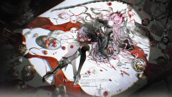 1girl absurdres black_dress black_thighhighs blood crown cup dress english_text food fork fruit highres holding long_hair long_sleeves looking_at_viewer lying on_back original pink_eyes pink_hair plate solo thighhighs very_long_hair wuqueti