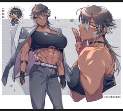 Rule 34 | 1girl, abs, adversarial noise, bandeau, belt, black bandeau, black gloves, black nails, black tube top, blowing kiss, borrowed character, breasts, chibi, choker, colored tips, commentary, commission, cropped torso, dark-skinned female, dark skin, earrings, english commentary, feet out of frame, fingerless gloves, gloves, gram quartz, green eyes, grey eyes, grey hair, grey jacket, grey pants, hair between eyes, heart, heterochromia, highres, jacket, jacket on shoulders, jewelry, large breasts, long hair, long sleeves, looking at viewer, mole, mole under mouth, multicolored hair, multiple views, muscular, muscular female, open clothes, open jacket, original, pants, panty straps, scar, scar across eye, scar on face, skeb commission, smile, stomach, strapless, suit jacket, trachynbryda (newosanwastaken), tube top