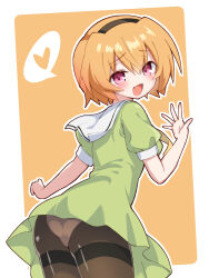 1girl 3105lave :d black_hairband black_pantyhose cowboy_shot dress fang from_behind green_dress hair_between_eyes hairband heart highres higurashi_no_naku_koro_ni houjou_satoko leaning_forward open_mouth outline panties panties_under_pantyhose pantyhose pink_eyes sailor_collar sailor_dress school_uniform short_hair short_sleeves simple_background skin_fang smile solo spoken_heart thighband_pantyhose underwear white_outline white_panties white_sailor_collar yellow_background