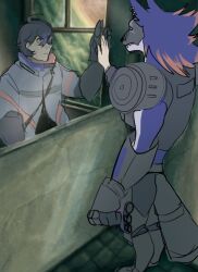 Rule 34 | armor, digimon, digimon (creature), looking at another, meme, nagasumi eiji, red hair, reflection, soloogarmon