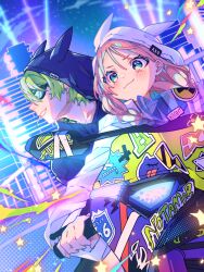 2girls :3 black_hoodie blue_eyes blush braid city closed_mouth colorful commentary goggles green_hair highres hood hood_up hoodie long_hair long_sleeves motor_vehicle motorcycle multiple_girls notamaru_2 original parted_lips pink_hair smile twin_braids white_hoodie