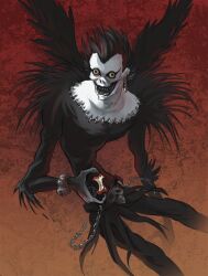 1boy abby_howard apple apple_core black_bodysuit black_hair bodysuit chain colored_skin commentary death_note earrings english_commentary food fruit holding jewelry male_focus open_mouth red_background red_eyes ryuk sharp_teeth shinigami shirt skinny smile solo teeth white_skin widow&#039;s_peak yellow_shirt