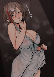 Rule 34 | 1girl, babydoll, bare shoulders, blue bow, blue eyes, blush, bow, breasts, brown hair, covered erect nipples, finger to mouth, frilled nightgown, hair ornament, half-closed eyes, highres, index finger raised, kurusu natsume, kurusu natsume (3rd costume), large breasts, lifting own clothes, looking at viewer, multicolored hair, nightgown, nijisanji, nose blush, paid reward available, parted lips, red hair, seductive smile, see-through clothes, sheep hair ornament, short hair, shushing, sleepwear, smile, solo, steaming body, streaked hair, sweat, virtual youtuber, white babydoll, white nightgown, zijou