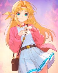 1girl absurdres bag belt blonde_hair blue_eyes breasts brown_bag brown_belt cardigan closed_mouth earrings grey_skirt headband highres jewelry long_hair looking_at_viewer necklace nintendo open_cardigan open_clothes pin pink_cardigan pleated_skirt pointy_ears princess_zelda shirt shoulder_bag sidelocks skirt smile solo the_legend_of_zelda the_legend_of_zelda:_a_link_between_worlds triforce truejekart white_shirt yellow_headband