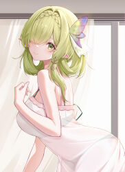 1girl absurdres azur_lane black_bra black_panties blue_butterfly bra breasts bug butterfly cowboy_shot de_zeven_provincien_(azur_lane) from_side green_eyes green_hair hair_intakes hair_over_one_eye highres indoors insect large_breasts leaning_forward lieend looking_at_viewer looking_to_the_side panties pointy_ears see-through_clothes smile spaghetti_strap underwear white_negligee