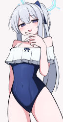 1girl blue_archive blue_halo blue_one-piece_swimsuit casual_one-piece_swimsuit covered_navel frilled_one-piece_swimsuit frills halo highres long_hair looking_at_viewer miyako_(blue_archive) miyako_(swimsuit)_(blue_archive) off-shoulder_one-piece_swimsuit off_shoulder official_alternate_costume one-piece_swimsuit ponytail purple_eyes smile solo swimsuit two-tone_one-piece_swimsuit white_hair yuntaro_(ramen_star)