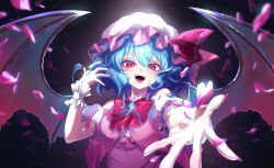Rule 34 | 1girl, bat wings, blue hair, dark background, dress, fangs, fingernails, hat, highres, long fingernails, medium hair, mob cap, momohana 3939, neckerchief, open mouth, petals, pink dress, pink petals, reaching, reaching towards viewer, red eyes, red nails, red neckerchief, remilia scarlet, sharp fingernails, short sleeves, slit pupils, smile, solo, teeth, touhou, upper body, upper teeth only, vampire, wings, wrist cuffs