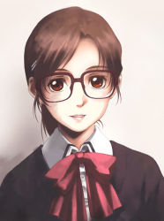 1girl bow brown_eyes brown_hair female_focus glasses gradient_background hair_ornament hairclip nyaou original school_uniform solo upper_body
