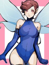 1girl 4me3ba_niku blue_leotard blue_sleeves border breasts brown_hair closed_mouth collarbone covered_navel detached_sleeves fairy fairy_wings highleg highleg_leotard highres large_breasts leotard light_blush light_smile looking_at_viewer outside_border pink_border pink_lips pixie_(megami_tensei) pointy_ears red_eyes shin_megami_tensei short_hair simple_background leotard solo thighs white_background wings