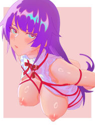 Rule 34 | 1girl, arms behind back, bakemonogatari, bdsm, blush, bondage, bound, breasts, breasts out, commentary request, cropped torso, long hair, looking at viewer, monogatari (series), multicolored eyes, nipples, pink background, purple eyes, rapa rachi, senjougahara hitagi, shirt, simple background, solo, two-tone eyes, white shirt