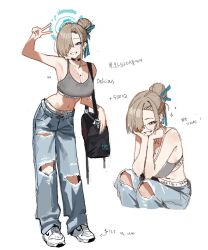 1girl anyak05 armpits asuna_(blue_archive) bag blonde_hair blue_archive blue_eyes blue_halo blue_ribbon breasts calvin_klein choker denim duffel_bag english_text female_focus glasses hair_bun hair_over_one_eye hair_ribbon halo jeans korean_text leaning_forward looking_at_viewer midriff mole mole_on_breast navel nike_(company) pants ribbon shoes simple_background sitting smile sneakers sports_bra standing tagme torn_clothes torn_jeans torn_pants underwear white_background white_shoes