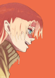 Rule 34 | 1girl, blue eyes, commentary request, evil grin, evil smile, from side, green sweater, grin, highres, leaning forward, long hair, orange background, original, partially shaded face, portrait, profile, shiratama (hockey), sidelocks, simple background, smile, solo, sweater, turtleneck, turtleneck sweater, zipper