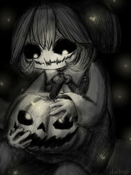 Rule 34 | 1girl, absurdres, apron, ascot, black sclera, bow, bright pupils, chinese commentary, collared shirt, colored sclera, commentary request, dark, fireflies, greyscale, hair between eyes, hair bow, hair ribbon, hatching (texture), highres, holding, holding pumpkin, jack-o&#039;-lantern, long sleeves, looking at object, looking down, looking up, monochrome, pumpkin, ribbon, rumia, shirt, short hair, signature, sitting, slmke, smile, solo, touhou, wide mouth