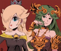 2girls alternate_color black_dress blonde_hair blue_eyes breasts chain circlet collarbone crown dress earrings gold_chain green_eyes green_hair hair_over_one_eye jewelry kid_icarus kid_icarus_uprising long_hair looking_at_viewer mario_(series) multiple_girls nintendo palutena red_background rosalina star_(symbol) star_earrings stoic_seraphim super_smash_bros. upper_body vambraces very_long_hair