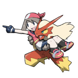 1girl :d bandana bike_shorts_under_skirt black_gloves black_shorts black_socks blacknirrow blaziken blue_eyes brown_hair carrying carrying_person colored_sclera creatures_(company) eyelashes fanny_pack game_freak gen_3_pokemon gloves grey_eyes may_(pokemon) medium_hair nintendo open_mouth outstretched_arm pointing pokemon pokemon_(creature) pokemon_rse red_bandana red_shirt red_shoes shirt shoes shorts simple_background skirt smile socks white_background white_skirt yellow_bag yellow_sclera