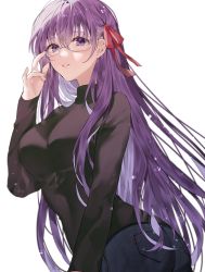 1girl adjusting_eyewear alternate_costume ass black_sweater blue_pants breasts cosplay denim fate/stay_night fate_(series) glasses hair_between_eyes hair_ribbon highres jeans large_breasts lips long_hair long_sleeves matou_sakura medusa_(fate) medusa_(rider)_(fate) medusa_(rider)_(fate)_(cosplay) pants parted_lips pink_lips purple_eyes purple_hair red_ribbon ribbon shimatori_(sanyyyy) simple_background solo sweater teeth turtleneck turtleneck_sweater upper_body very_long_hair white_background