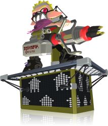 Rule 34 | arrow (symbol), black leggings, black mask, black shoes, blonde hair, firefin facemask (splatoon), from above, grate, gun, heavy edit splatling (splatoon), highres, holding, holding gun, holding weapon, inkling boy, inkling player character, inoue seita, leggings, logo print, machine gun, male focus, mask, mouth mask, nintendo, official art, pink scarf, pointy ears, red eyes, red pupils, reflection, scarf, second-party source, shoes, solo, spiked hair, splatoon (series), splatoon 3, squid boy, standing, tentacle hair, tower, tower control (splatoon), transparent background, two-tone mask, weapon