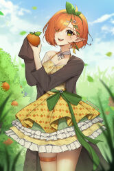 Rule 34 | 1girl, absurdres, akaharuu, breasts, cleavage, cloud, coat, commission, dress, earrings, elf, eyes visible through hair, falling leaves, flower, food, frilled dress, frills, fruit, green hair, green ribbon, grey coat, hair flower, hair ornament, highres, holding, holding food, holding fruit, indie virtual youtuber, jewelry, leaf, multicolored hair, neck ribbon, open clothes, open coat, open mouth, orange hair, pointy ears, ribbon, sky, smile, solo, streaked hair, thigh strap, twitter username, virtual youtuber, wao meo, white flower, white ribbon, yellow dress, yellow eyes