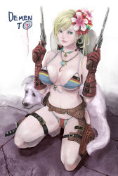 1girl alternate_costume animal bikini blonde_hair boots breasts cowboy_hat demento dog dual_wielding fiona_belli flower gloves green_eyes gun hair_flower hair_ornament hair_over_shoulder handgun hat hewie holding holster jewelry knife knife_sheath knife_sheath long_hair medium_breasts miniskirt pendant revolver sheath skirt squatting swimsuit weapon yoruniyoruyoshi