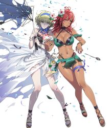 2girls bikini blonde_hair bracelet breasts broken_umbrella colored_inner_hair constance_von_nuvelle constance_von_nuvelle_(summer) damaged dark-skinned_female dark_skin drill_hair drill_sidelocks fire_emblem fire_emblem:_three_houses fire_emblem_heroes flower food green_bikini hair_flower hair_ornament hairband hapi_(fire_emblem) hapi_(summer)_(fire_emblem) highres holding holding_umbrella ice_cream jewelry medium_breasts medium_hair multicolored_hair multiple_girls nail_polish navel nintendo non-web_source official_alternate_costume official_art one-piece_swimsuit parasol purple_eyes purple_hair red_eyes red_hair sandals sarong shaded_face short_hair sidelocks swimsuit torn_clothes umbrella white_sarong