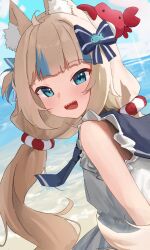 1girl ahoge animal_ear_fluff blonde_hair blue_eyes crab crab_on_head dress fish fish_hair_ornament hair_ornament highres indie_virtual_youtuber kurushiro1102 lifebuoy_hair_ornament lifebuoy_ornament long_hair multicolored_hair sameko_saba sharp_teeth streaked_hair teeth twintails virtual_youtuber