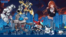 Rule 34 | absurdres, andromon, building, cannon, caprimon, choromon, digimon, digimon (creature), evolutionary line, gatchmon, gokumon, highres, horns, looking at viewer, magnifying glass, mechanorimon, open mouth, robot, school girl (digimon tamers), skull