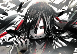 1boy bird black_hair crow daenarys dizi flute hair_between_eyes hair_down hair_ribbon holding holding_flute holding_instrument instrument long_hair looking_at_viewer male_focus modao_zushi music open_mouth playing_flute playing_instrument red_eyes red_ribbon ribbon sketch smile solo transverse_flute upper_body wei_wuxian wei_wuxian_(yiling_laozu) white_background
