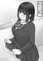 1girl absurdres blazer blush bow breasts clothes_lift commentary_request highres indoors jacket lifting_own_clothes looking_at_viewer medium_breasts medium_hair original school_uniform skirt skirt_lift solo sweatdrop tantanmen72 translation_request