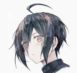 ahoge black_hair blush brown_eyes closed_mouth commentary_request danganronpa_(series) danganronpa_v3:_killing_harmony eyes_visible_through_hair frown goto_(sep) grey_background hair_over_one_eye head highres looking_at_viewer male_focus portrait saihara_shuichi short_hair simple_background solo white_background