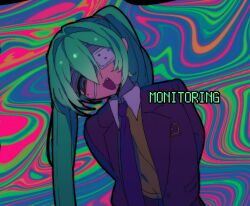 1girl aqua_hair arms_behind_back black_jacket black_necktie black_outline blue_eyes brown_sweater_vest collared_shirt deliriumcenter eyepatch fang hair_between_eyes hashtag-only_commentary hatsune_miku highres jacket long_hair medical_eyepatch mole mole_under_eye monitoring_(vocaloid) multicolored_background necktie open_clothes open_jacket open_mouth outline psychedelic ringed_eyes shaded_face shirt solo song_name sweater_vest thick_outlines twintails very_long_hair vocaloid white_shirt