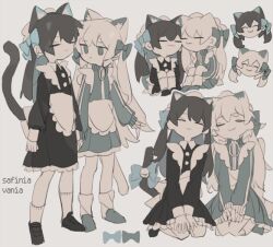2girls :3 animal_ear_fluff animal_ears apron black_dress black_hair black_shoes blue_bow blue_eyes blue_shoes bow buttons cat_ears cat_girl cat_tail character_name closed_eyes dress frilled_dress frills full_body green_dress grey_background hair_bow hand_on_own_knee kneehighs kneeling long_hair long_sleeves looking_at_another maid maid_apron maid_headdress mochisiku multiple_girls multiple_views nuzzle original shoes simple_background socks striped_clothes striped_dress tail white_apron white_hair white_socks