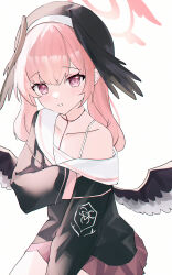 absurdres beret black_hat black_shirt black_wings blue_archive commentary halo hat head_wings highres koharu_(blue_archive) looking_at_viewer low_wings pink_eyes pink_hair pink_halo red_skirt sailor_collar school_uniform serafuku shirt simple_background single_bare_shoulder skirt sleeves_past_fingers sleeves_past_wrists usagi_(786113654) white_background white_sailor_collar wings