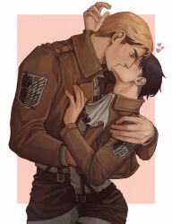 2boys arizawasan arm_around_shoulder ascot blonde_hair border brown_hair brown_jacket closed_eyes commentary couple cowboy_shot english_commentary erwin_smith hand_on_another&#039;s_chest heart highres hover_hand jacket kiss lapels layered_sleeves levi_(shingeki_no_kyojin) long_sleeves male_focus multicolored_hair multiple_boys outside_border pants paradis_military_uniform shingeki_no_kyojin shirt sideburns thick_eyebrows two-tone_hair white_ascot white_border white_pants white_shirt wing_collar yaoi