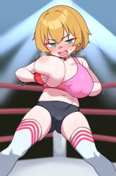 1girl absurdres aqua_eyes bandaid bandaid_on_face bandaid_on_nose black_buruma blonde_hair blush boxing_ring breasts buruma commentary_request commission cropped_shirt embarrassed fingerless_gloves gloves highres large_breasts lk149 lower_teeth_only navel nipples nose_blush one_breast_out open_mouth original pink_shirt pixiv_commission red_gloves shirt short_hair sleeveless sleeveless_shirt solo tank_top teeth thighhighs wardrobe_malfunction white_thighhighs