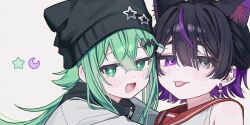 2girls :d :p animal_ear_fluff animal_ears animal_hat black_hair black_hat cat_ears cat_hat commentary crescent dot_nose ear_piercing earrings green_eyes green_hair grey_eyes hair_between_eyes hat hat_ornament heart heterochromia highres jacket jewelry light_blush looking_at_viewer medium_hair multicolored_hair multiple_girls namin_(anjpzaobmhbppxs) nanase_(namin) open_mouth original piercing portrait purple_eyes purple_hair red_sailor_collar sailor_collar shirt sidelocks simple_background smile sparkle_hair_ornament star-shaped_pupils star_(symbol) star_hat_ornament streaked_hair symbol-only_commentary symbol-shaped_pupils tongue tongue_out white_background white_jacket white_shirt
