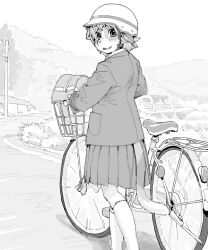 1girl bicycle body_fur cat_girl feet_out_of_frame furry furry_female greyscale helmet jacket kikurage_(crayon_arts) kneehighs looking_at_viewer looking_back monochrome original outdoors school_uniform short_hair skirt socks solo tail walking