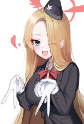 Rule 34 | 1girl, :d, absurdres, black hat, blonde hair, blue archive, blue eyes, bow, bowtie, breasts, commentary request, double v, eyes visible through hair, fang, garrison cap, gloves, hair over one eye, halo, hands up, hat, heart, highres, korean commentary, long hair, long sleeves, looking at viewer, multicolored hair, official alternate costume, one eye closed, open mouth, pina (blue archive), pina (guide) (blue archive), red bow, red bowtie, shirt, sidelocks, simple background, skin fang, smile, solo, streaked hair, sungea, tour guide, upper body, v, white background, white gloves, white shirt
